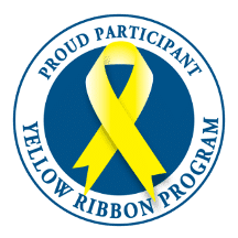 A circular logo featuring a yellow ribbon on a blue background. The outer ring reads "Proud Participant" at the top and "Yellow Ribbon Program" at the bottom in blue text.