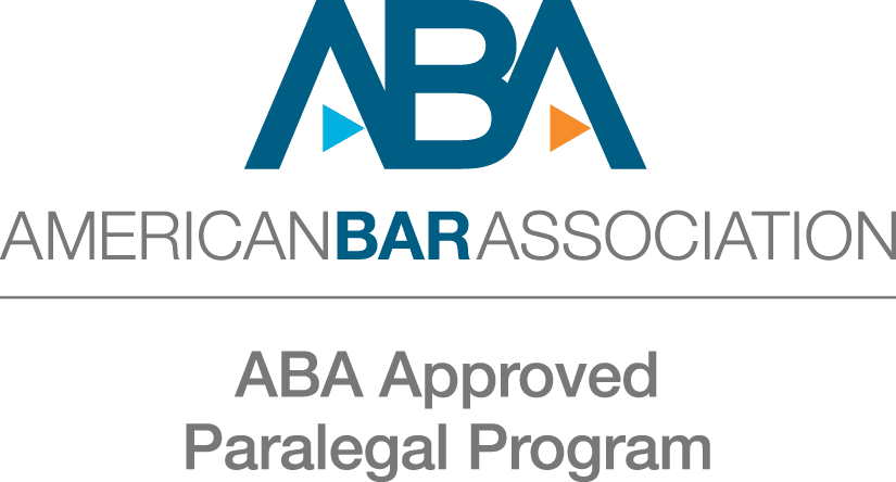 Logo of the American Bar Association (ABA) with text "American Bar Association" and "ABA Approved Paralegal Program" underneath. The letters "ABA" are large and stylized, with blue triangles incorporated into the design.