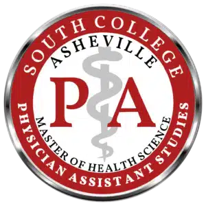 A circular logo with a silver outer ring, red inner ring, and white center. It reads "SOUTH COLLEGE ASHEVILLE Master of Health Science Physician Assistant Studies" with a red "PA" and a gray caduceus symbol in the center.