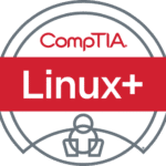 The image shows the CompTIA Linux+ certification logo. The logo consists of a circular badge with "CompTIA" written in red at the top and "Linux+" written in white on a red horizontal banner.