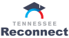 Logo for Tennessee Reconnect. The design features an open book with pages forming an arch, transitioning from blue to red, resembling a graduation cap. Below the book, the text reads "TENNESSEE Reconnect" with "TENNESSEE" in small gray uppercase letters and "Reconnect" in larger, bold blue letters.