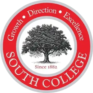 A circular logo with a red border featuring the words "Growth," "Direction," and "Excellence" at the top, and "South College" at the bottom. The center of the logo contains an illustration of a tree and the text "Since 1882.
