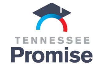 Logo of Tennessee Promise featuring the words "TENNESSEE Promise" below a stylized graduation cap with a red and blue arc.