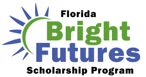 Logo for the Florida Bright Futures Scholarship Program. The design features a rising sun with blue rays and a green arc. The text reads "Florida Bright Futures Scholarship Program."