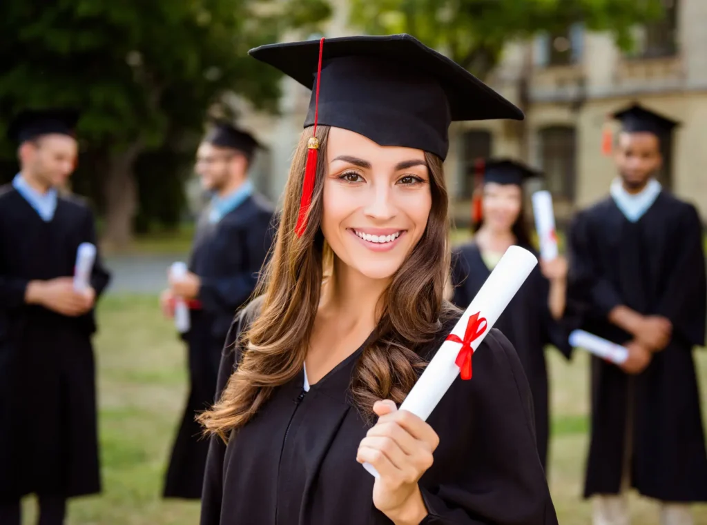A graduate wearing a black cap and gown smiles at the camera while holding a diploma tied with a red ribbon. Behind her, four more graduates in caps and gowns stand in the background.