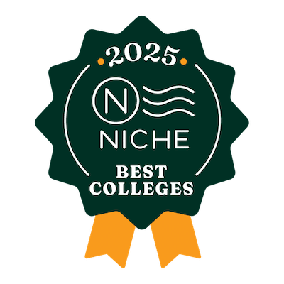 A dark green award badge with an orange ribbon reads, "2025 NICHE Best Colleges." The text "NICHE" is centered within a circle and features a stylized letter "N" alongside three wavy lines.