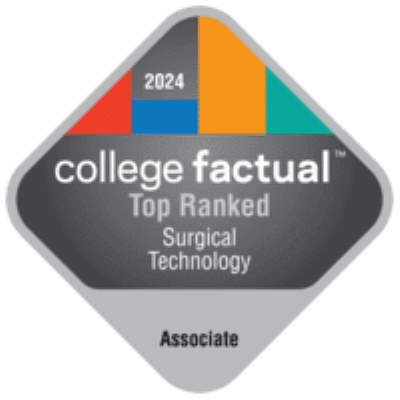 A diamond-shaped badge featuring the text "2024 college factual Top Ranked Surgical Technology Associate" with colorful blocks at the top.